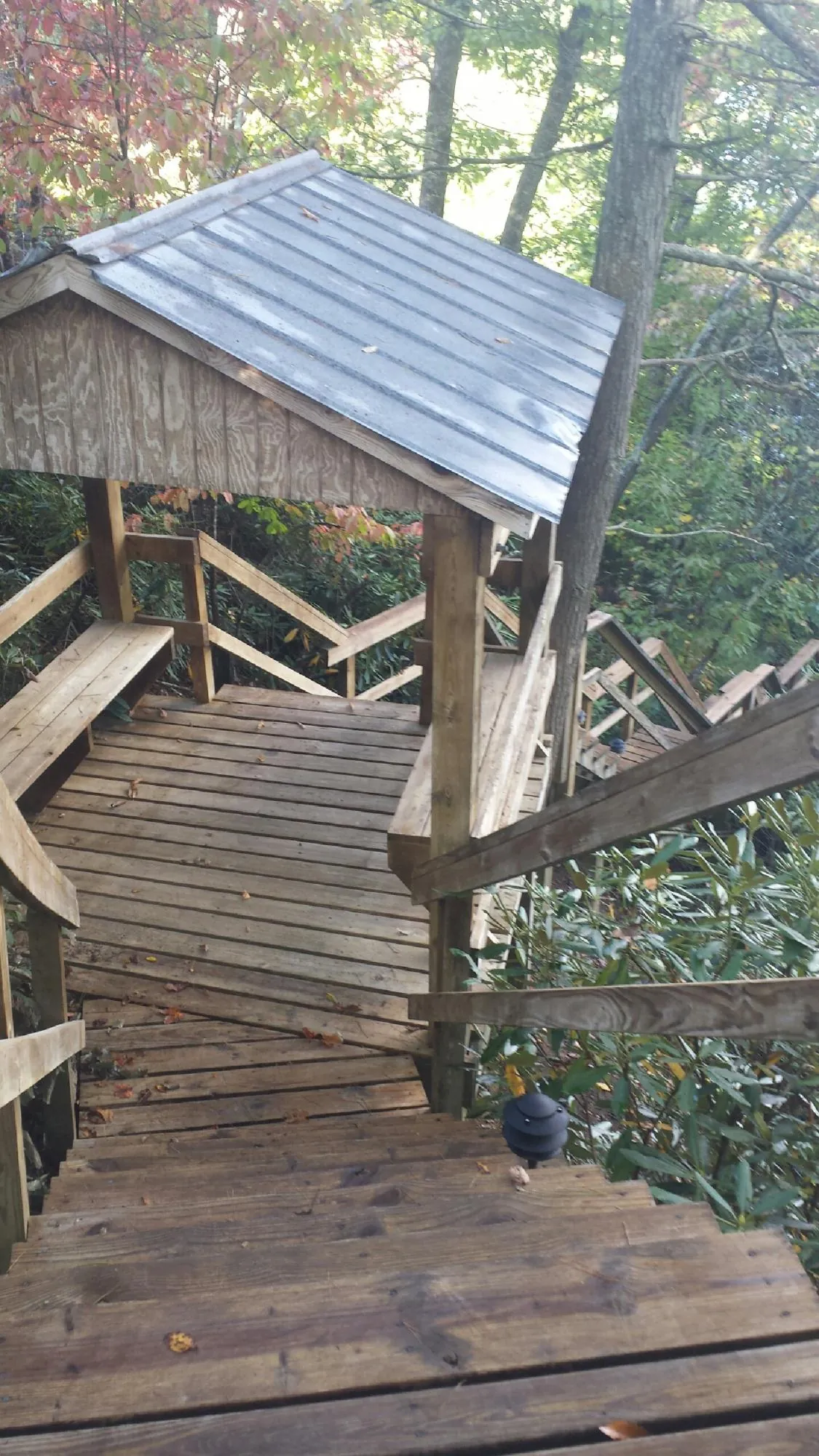 Metal roofed shelter over wooden steps on a wooded walkway — Skylight Repair & Installation work by our crew in Irene